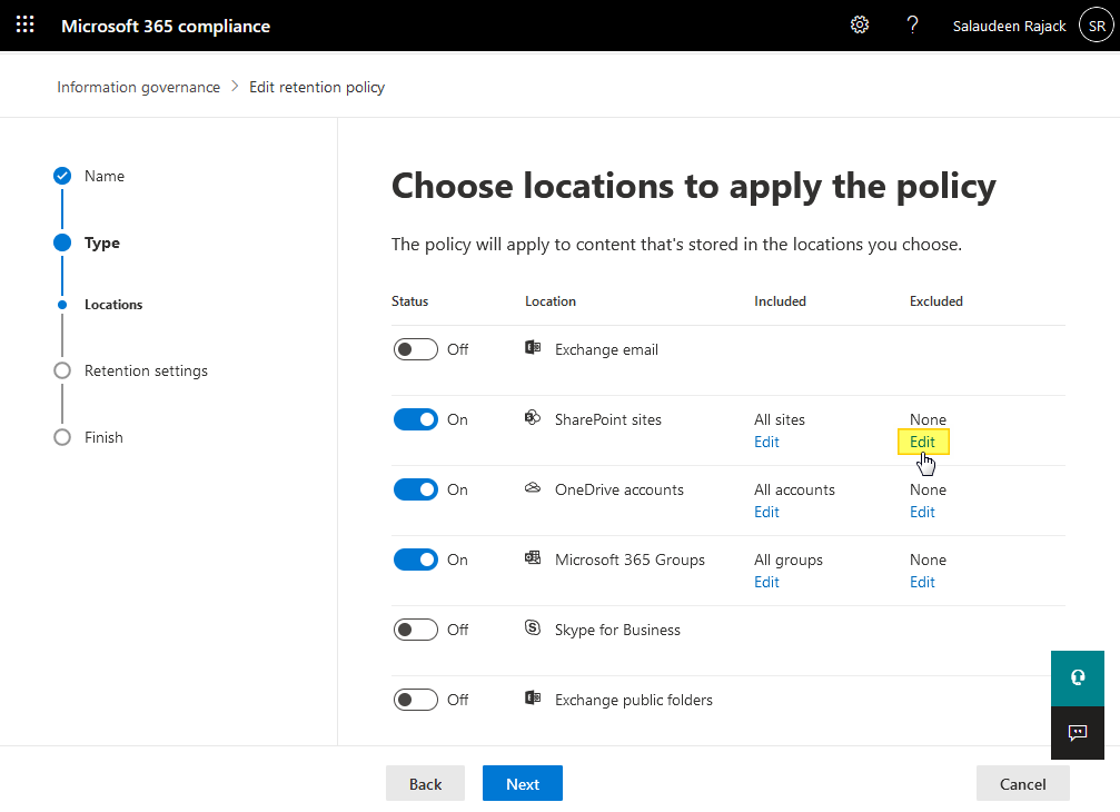 how to exclude a sharepoint online site from retention policy