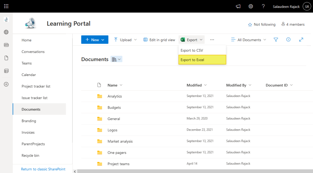 export sharepoint online document library to excel