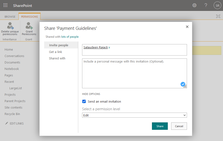 grant permission to a document in sharepoint online