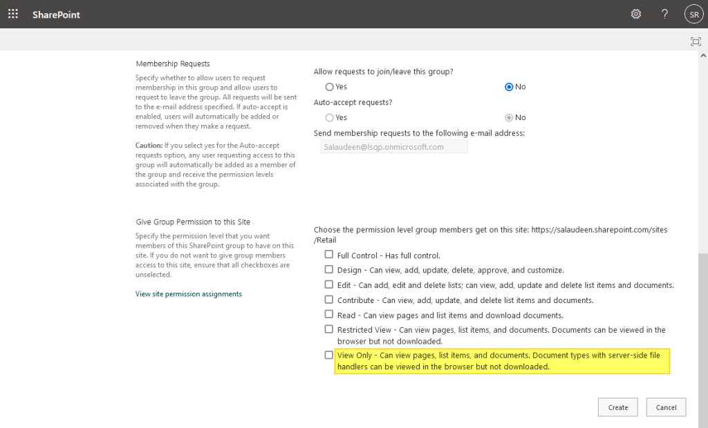 sharepoint online permission level view only