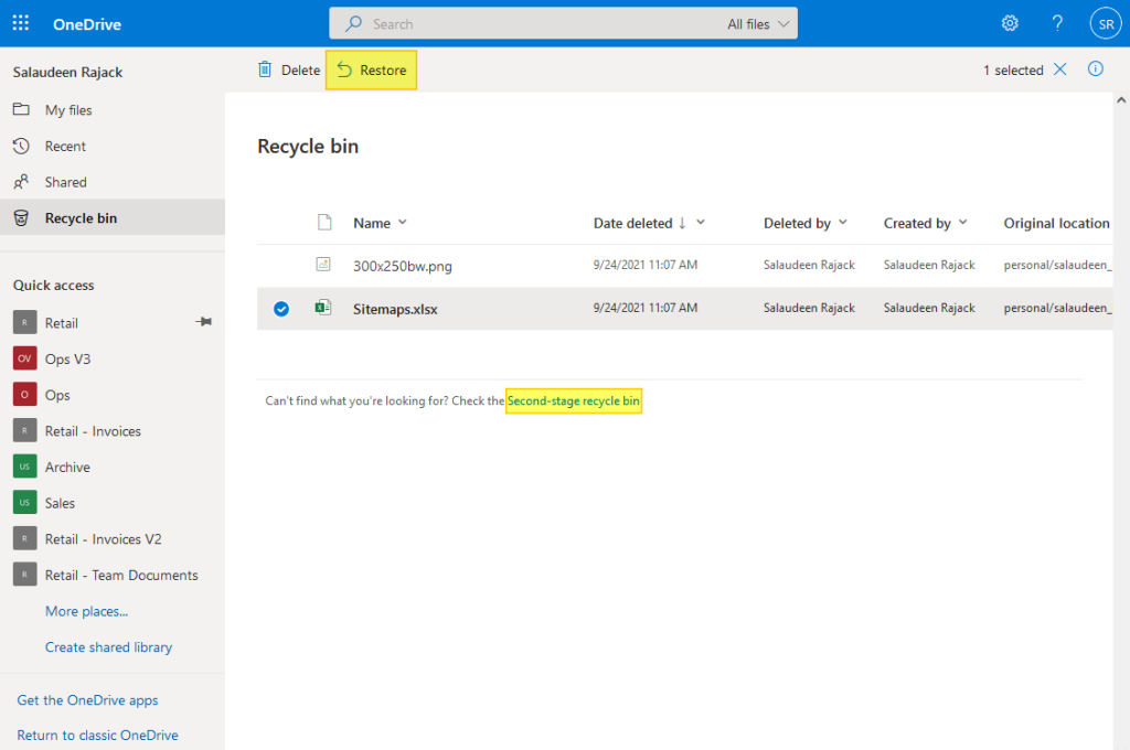 onedrive for business restore deleted files
