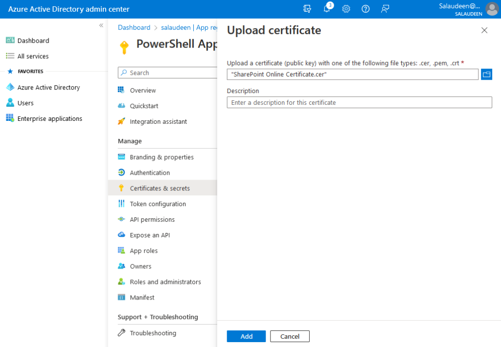 Add certificate to Azure AD Application