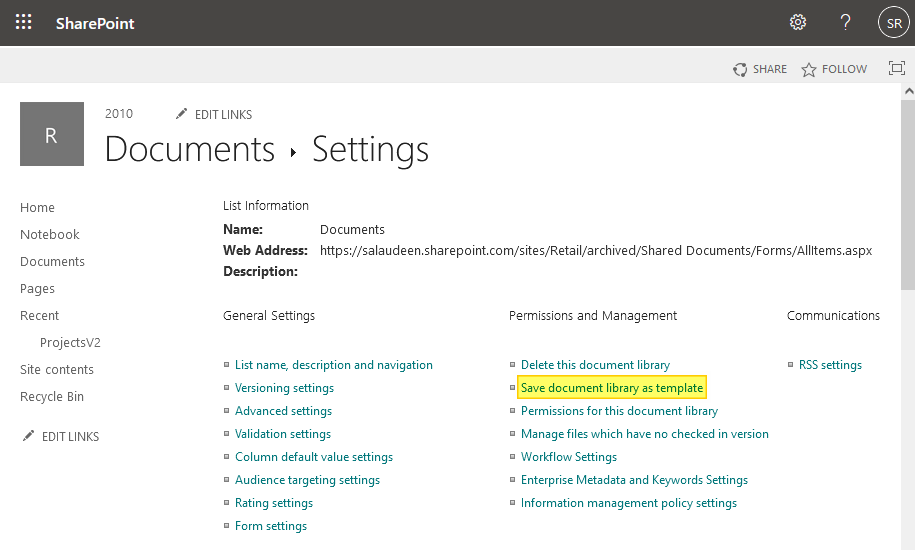Save document library as template missing in sharepoint online