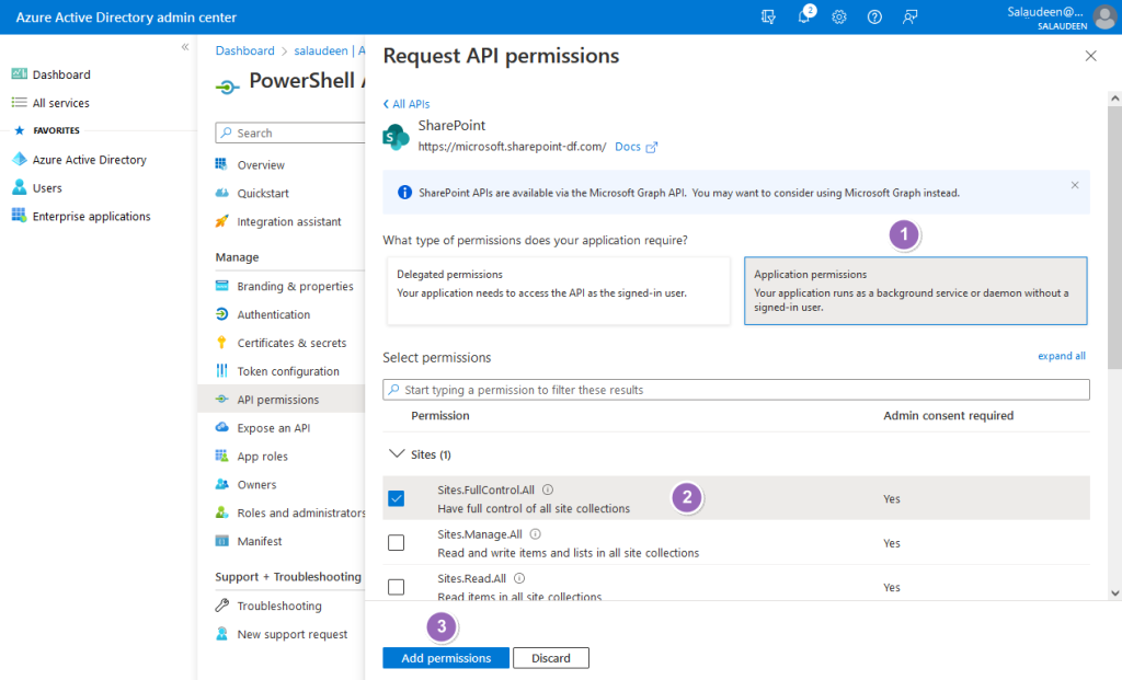 set access rights to Azure AD App on sharepoint