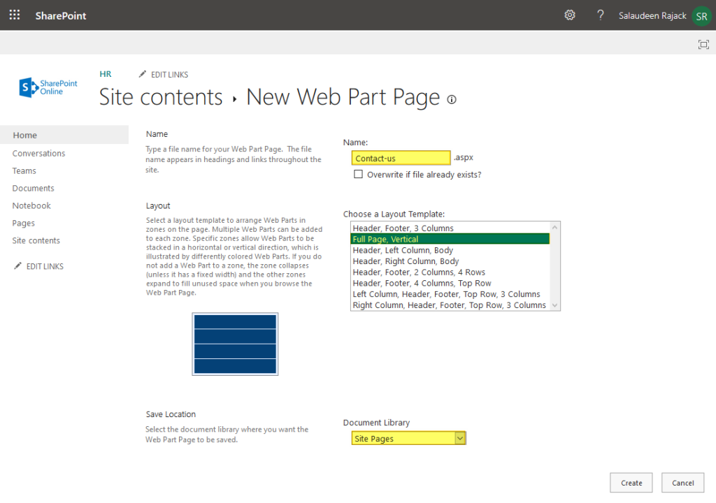 how to create web part page in sharepoint online