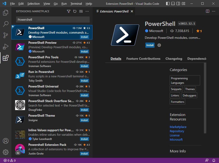 install powershell extention for visual studio code