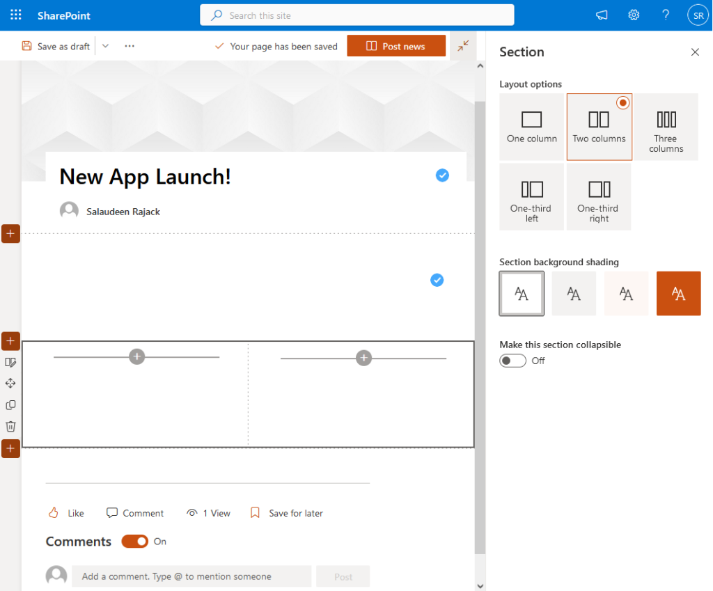 sharepoint online create news page