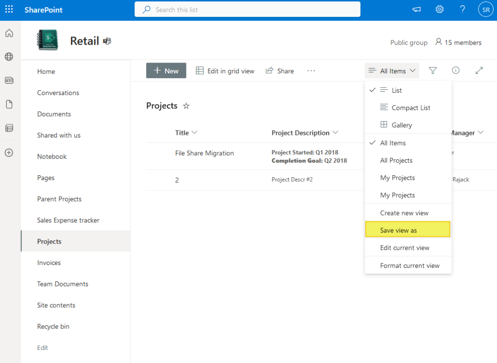 sharepoint online copy view