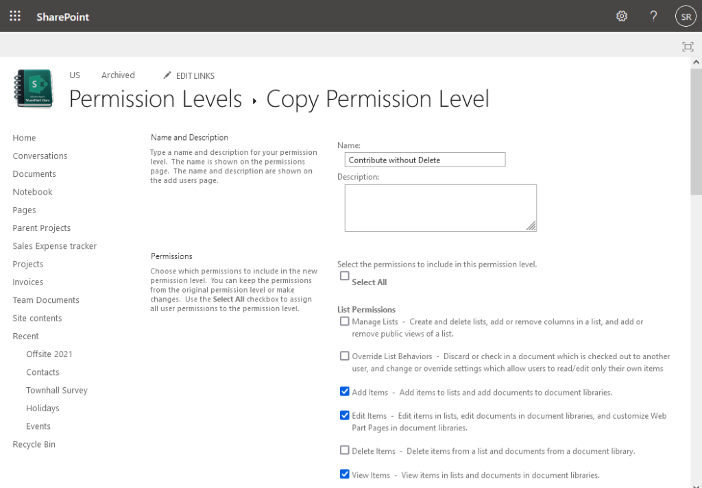 create permission level sharepoint