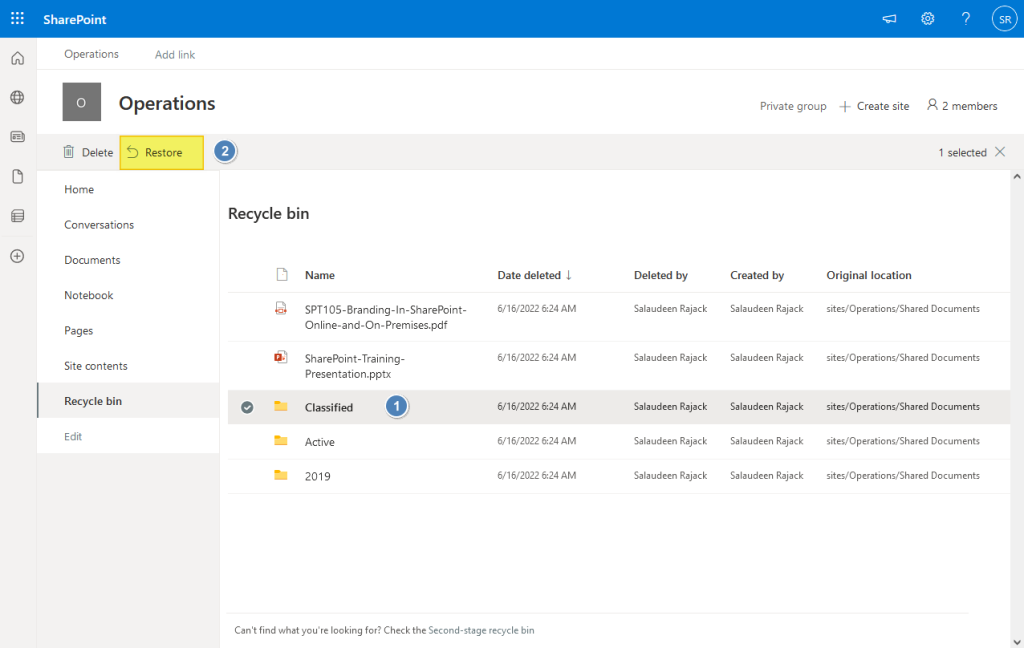 restore deleted files from recycle bin in sharepoint