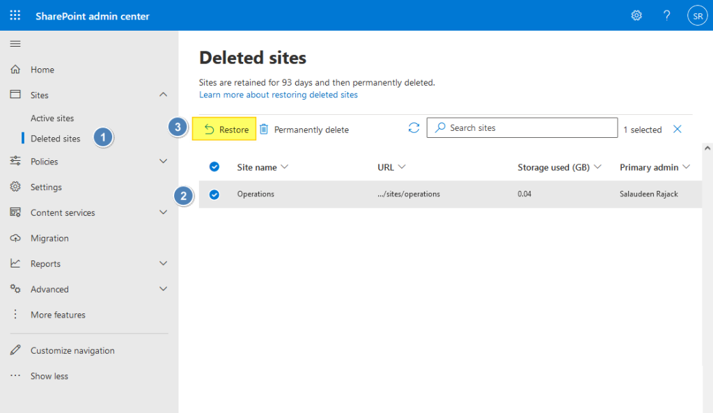 restore deleted sites in sharepoint online recycle bin