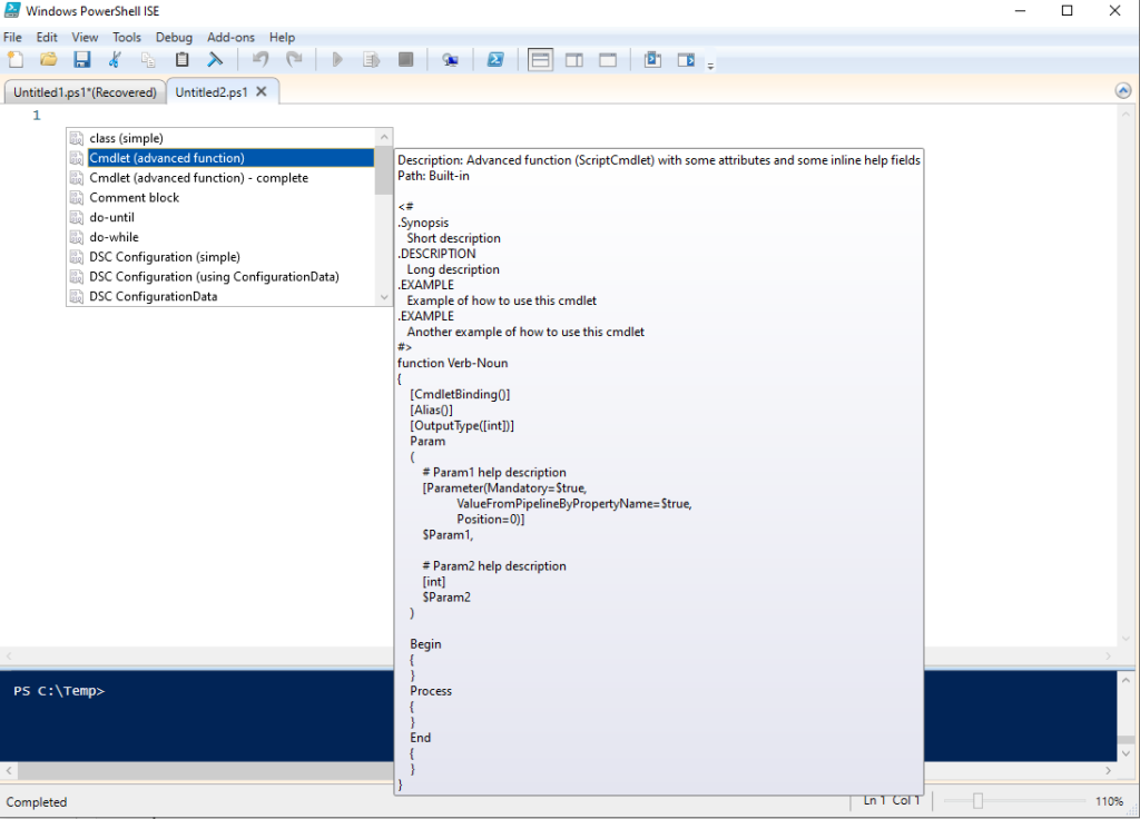PowerShell function snippets in PowerShell ISE