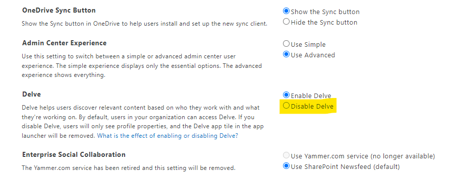 disable delve in sharepoint online office 365