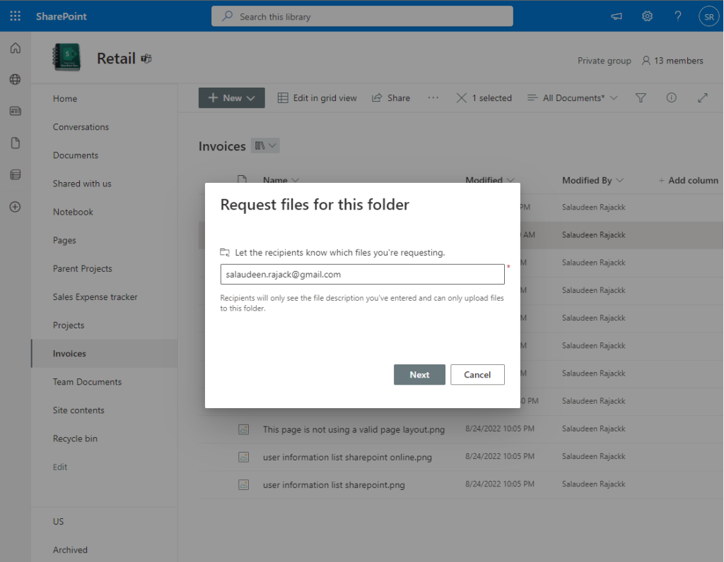 request files feature in sharepoint online