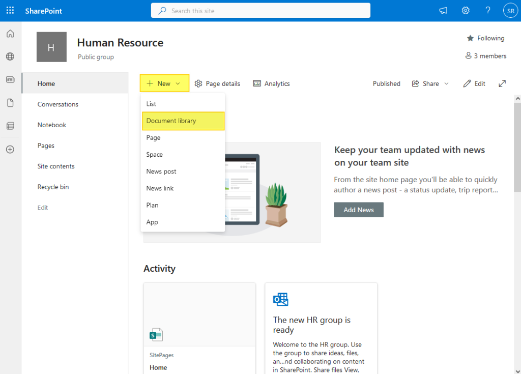 create a new document library in sharepoint