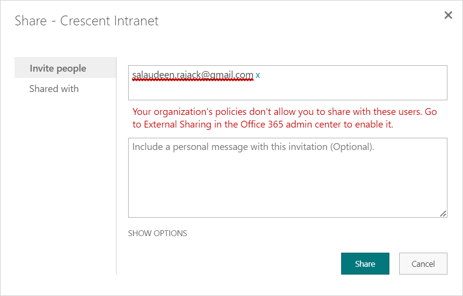 your organizations policies dont allow you to share with these users
